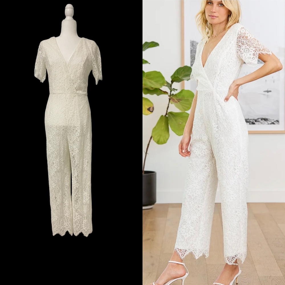 Lulus M White Cotton Lace Glorious Love Lined Short Sleeve Cross Bodice Jumpsuit